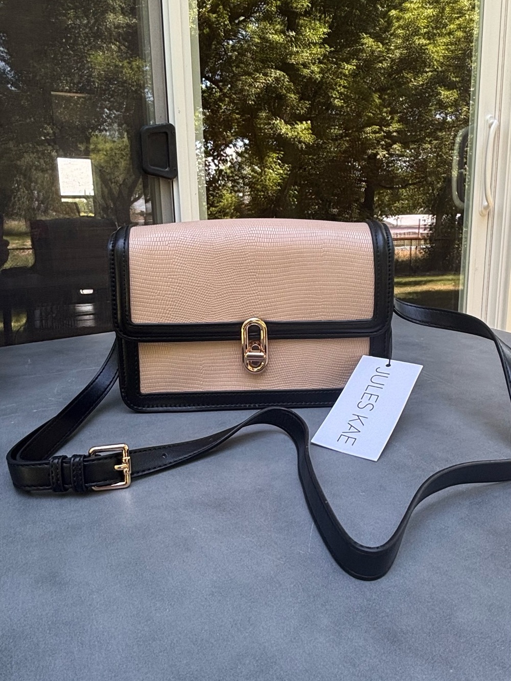 Jules Kae Two-Tone Blush and Black Crossbody Bag with Gold Hardware